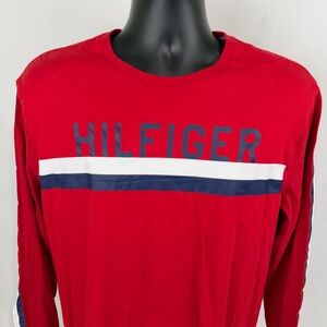 Tommy Hilfiger Red and Blue Long Sleeve Men's Tee Spell Out